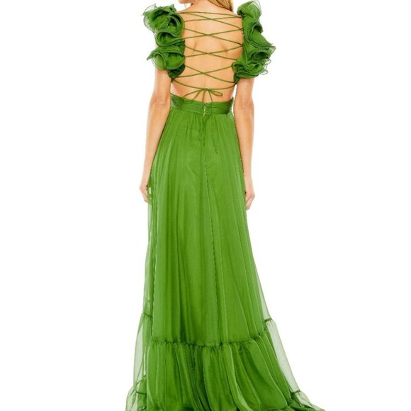 NWT Mac Duggal 67911 Thyme Green Ruffle Tiered Chiffon Maxi Dress Cut Out SZ14 - Picture 2 of 4